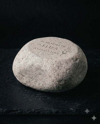 A speckled ivory memorial garden stone engraved In Memory of Eliza, a gentle soul, resting on dark slate.