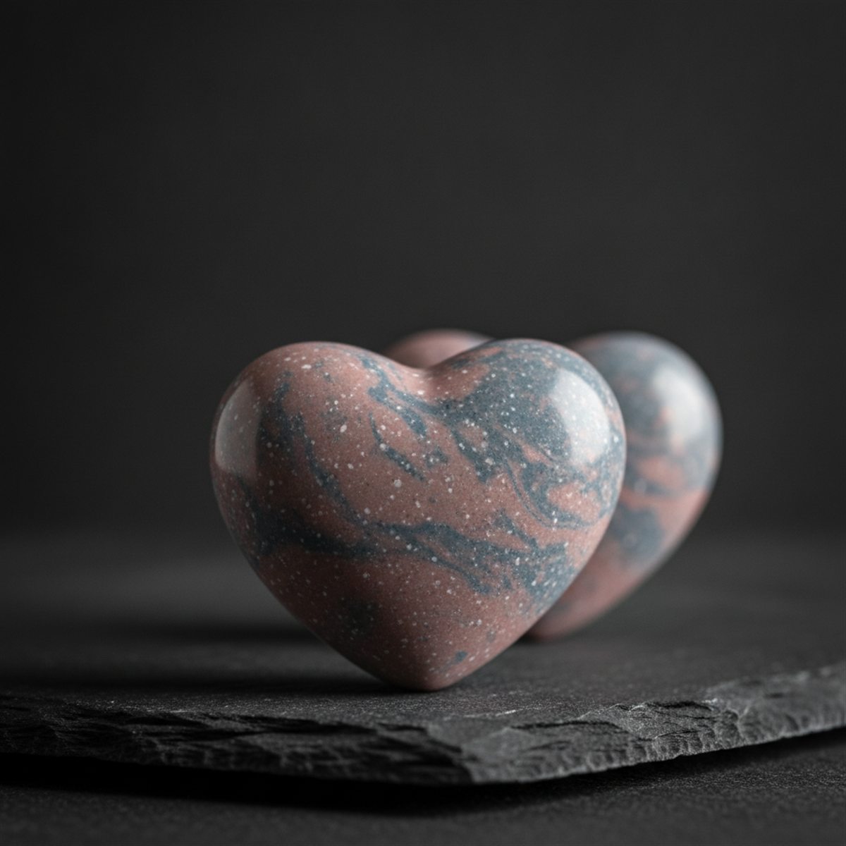 Two speckled memorial hearts marbled in dusty rose and slate blue, resting on dark slate.